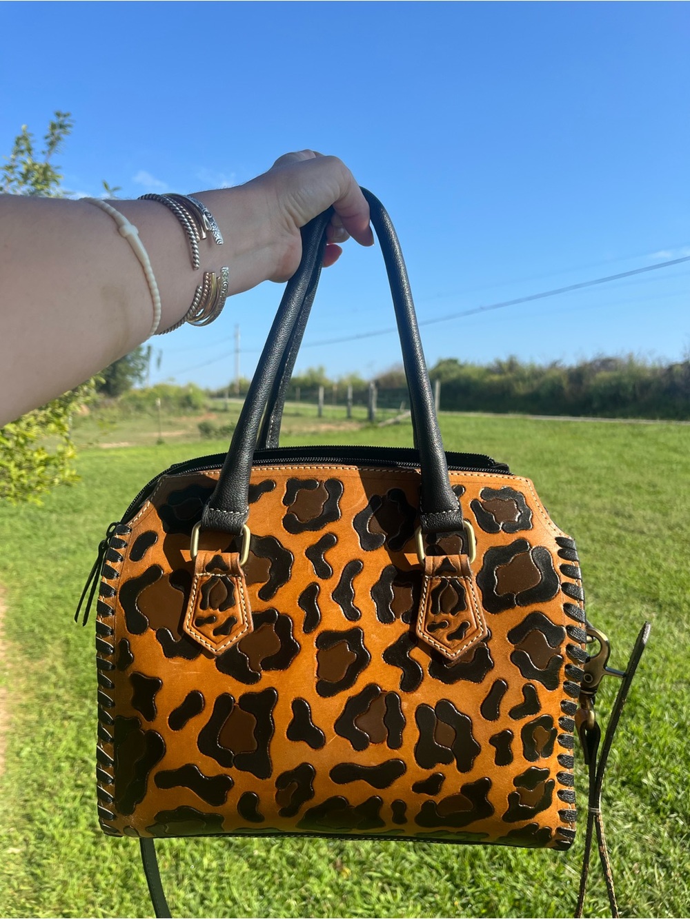 Leopard-Print Satchel Handbag in Brown and Black